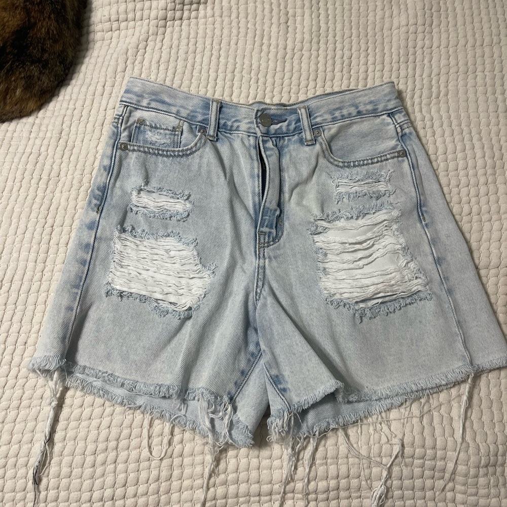 high waisted distressed denim shorts